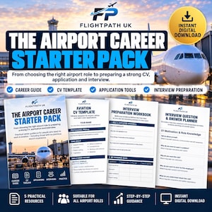 Op de afbeelding: Een digitale set met carrièrebronnen genaamd The Airport Career Starter Pack van Flightpath UK. Het bevat een loopbaangids, cv-sjabloon, werkboek voor sollicitatiegesprekken en een vragenplanner, allemaal voorzien van luchtvaartafbeeldingen.