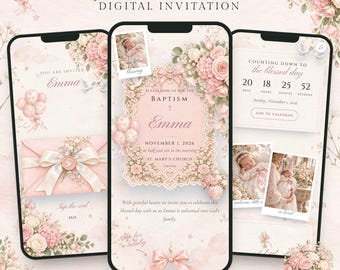 Doopuitnodiging voor een meisje, digitale mobiele uitnodiging met RSVP, uitnodiging voor een doop, roze aquarel doopuitnodiging, kerkuitnodiging