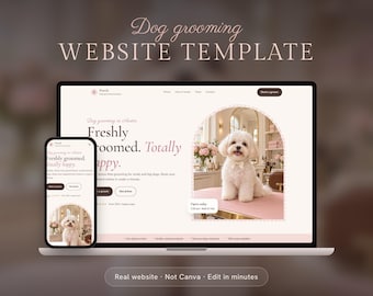 Website-sjabloon voor hondenverzorging, boekingssite voor huisdierentrimmers, webdesign voor hondensalon, geen Canva, eenvoudige editor zonder coderen, direct te downloaden, roze