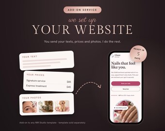 Website-opzetservice als extra optie, kant-en-klare website-template, wij vullen uw tekst, foto's en prijzen in, website voor salon/studio, geen Canva