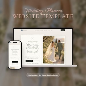 May include: A digital wedding planner website template displayed on a laptop screen and a smartphone. The interface features the text 'Wedding planning', 'Your day. Effortlessly beautiful.', and 'Check your date'. A photograph shows a couple walking.