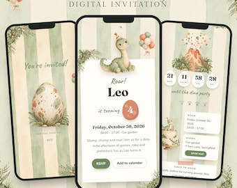 Dinosaurus verjaardagskaart, digitale mobiele uitnodiging met RSVP, dinosaurusfeest e-uitnodiging, online uitnodiging voor kinderen met dinosaurusthema