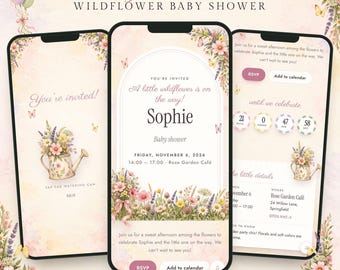 Baby in Bloom Baby Shower uitnodiging, digitale mobiele uitnodiging met RSVP, Little Wildflower, bloemenuitnodiging, telefoonuitnodiging