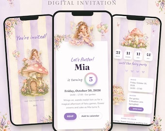 Sprookjesachtige verjaardagskaart, digitale mobiele uitnodiging met RSVP, uitnodiging voor een vlinderverjaardagsfeestje, eerste verjaardag in sprookjesstijl, verjaardagskaart voor een meisje