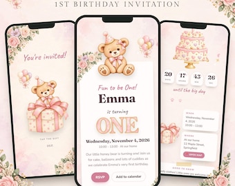 Uitnodiging voor de eerste verjaardag, digitale mobiele uitnodiging met RSVP, teddybeer-thema 1e verjaardagskaart, roze verjaardagskaart 'Fun to Be One'