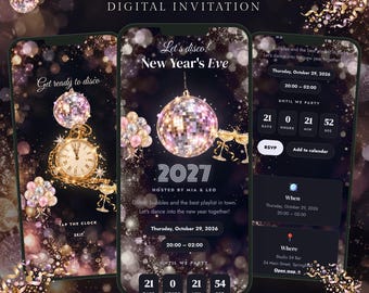 Uitnodiging voor een oudejaarsfeest, digitale mobiele uitnodiging met RSVP, uitnodiging voor oudejaarsavond met discothema, digitale uitnodiging voor een nieuwjaarsfeest, uitnodiging voor een feestje tijdens de feestdagen
