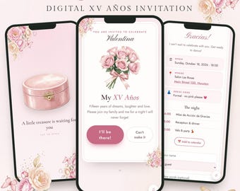 Quinceañera-uitnodiging website met RSVP, roze roségouden tiara Quince-uitnodiging, digitale XV Anos-uitnodiging, bewerkbare Mis Quince Anos-telefoonsjabloon