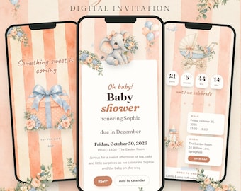 Babyshower uitnodiging, digitale mobiele uitnodiging met RSVP, babyolifant e-uitnodiging met keuze voor jongen of meisje, genderneutrale babyborrel