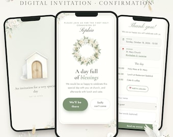 Digitale uitnodiging voor de Eerste Communie, uitnodiging voor de Heilige Communie met RSVP-website, bewerkbaar telefoonsjabloon, doop, vormsel