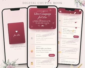 Digitaal liefdescouponboek, interactieve liefdescoupons voor je vriend of vriendin, ideeën voor een date-avond, Valentijnscadeau, jubileumcadeau voor hem