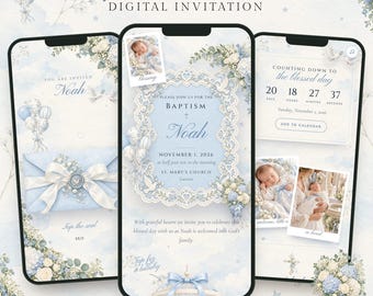 Uitnodiging voor een jongensdoop, digitale mobiele uitnodiging met RSVP, doopuitnodiging, blauwe aquarel uitnodiging, kerkuitnodiging, e-uitnodiging
