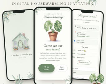 Digitale uitnodiging voor een housewarming, uitnodiging voor een housewarmingfeest met RSVP, uitnodiging via sms, sjabloon voor een uitnodiging voor een nieuw huis, verhuisbericht