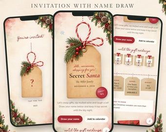 Uitnodiging voor Secret Santa met naamtrekking, digitale mobiele uitnodiging met RSVP, digitale uitnodiging voor kerstcadeau-uitwisseling met verlanglijstje