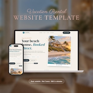 Op de afbeelding: Een website-sjabloon voor een vakantiewoning weergegeven op een laptop en een smartphone. Het scherm toont een landingspagina voor een strandhuis met de tekst "Your beach house. Booked direct." en een foto van een strandhuis.
