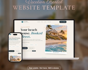 Sjabloon voor een website voor vakantiewoningen, directe boekingssite voor Airbnb-hosts met kalender, QR-code voor gastengids, website voor strandhuizen, geen Canva