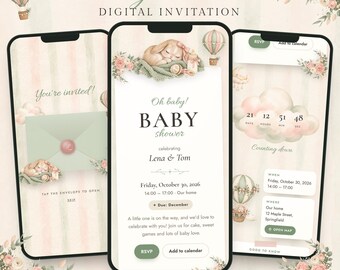 Uitnodiging voor een babyshower, digitale mobiele uitnodiging met RSVP, uitnodiging met konijntje en luchtballon, stemmogelijkheid voor jongen of meisje, online uitnodiging