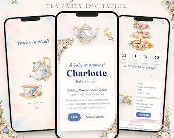 Uitnodiging voor een babyshower met het thema "Een baby is op komst", digitale mobiele uitnodiging met RSVP, uitnodiging voor een theekransje, online uitnodiging voor een theekransje in de tuin