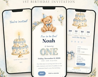 Uitnodiging voor de eerste verjaardag met teddybeer, digitale mobiele uitnodiging met RSVP, leuke uitnodiging voor de eerste verjaardag, online uitnodiging voor een éénjarige jongen