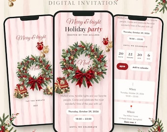 Uitnodiging voor een kerstfeest, digitale mobiele uitnodiging met RSVP, uitnodiging voor een kerstdiner, een kerstborrel met vrienden of een kerstborrel met collega's.