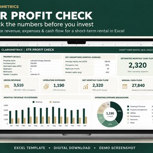 May include: A laptop screen displaying the Clariometrics STR Profit Check Excel template. The dashboard features sections for property details, key assumptions, monthly cash flow, revenue versus expenses bar charts, and an operating expense donut chart.