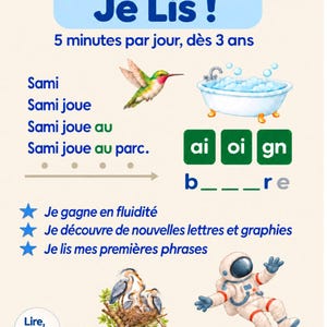 Peut inclure: Une couverture de livre éducatif intitulée Je Lis ! Tome 2, illustrée d'un colibri, d'une baignoire avec des bulles, d'un nid d'oiseaux et d'un astronaute. La page contient du texte, des exercices de phonétique et des puces en forme d'étoile.