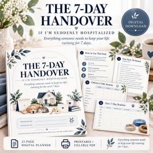 Peut inclure: Un planificateur numérique de 25 pages intitulé The 7-Day Handover: If I'm Suddenly Hospitalized. La couverture montre une maison, un chien, un chat et des clés. Inclut des pages PDF imprimables et remplissables pour les routines.