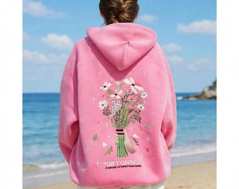 Bluza z kapturem z haftowanym bukietem kwiatów, oversize'owa różowa bluza, sweter plażowy