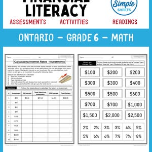以下が含まれることがあります： Super Simple SheetsによるFinancial Literacy Ontario Grade 6 Mathと題されたデジタルPDF教材。投資の金利計算用テーブルがあるワークシートと、お金と金利のカードが記載されたワークシートの2枚で構成されています。