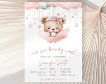 Bear Baby Shower Invitation Printable Editable Invitation Girl Teddy Bear Baby Shower Girl Shower Invite PRINTABLE DOWNLOADABLE 0102