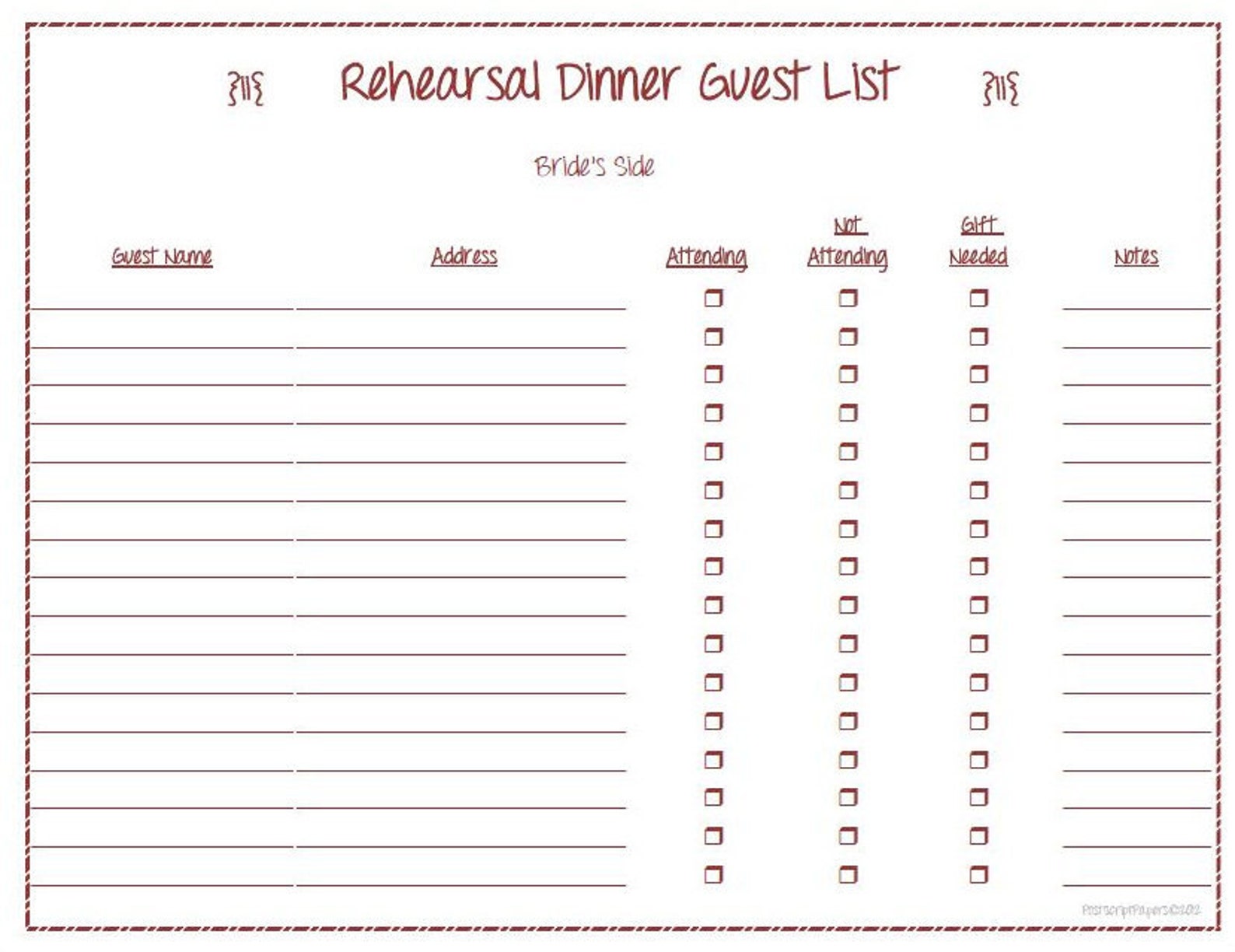 INSTANT DOWNLOAD Rehearsal Dinner Guest List PDF Wedding Planning 5 ...