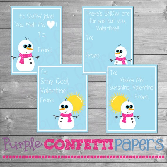 Snowman Valentine's Day Card Printable, Valentine's Day Cards, Valentine's Class Party Cards, Snowman Valentine's - INSTANT DOWNLOAD DIY Il_570xn