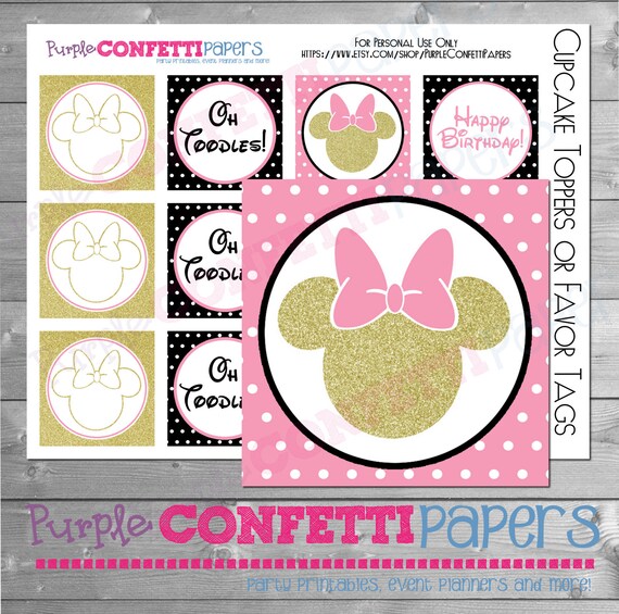Minnie Mouse Cupcake Toppers, Minnie Cupcake Topper, Minnie Birthday, Minnie Favor Tags, Pink Polka Dot, Black, Gold Glitter, Printable Il_570xn