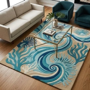 Coastal Ocean Wave Hand Tufted Rug, Teal Blue, Seafoam & Sand Beige Wool Carpet, 3D Carved Coral Anemone Living Room Rug