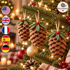 Crochet Pinecone Ornament Pattern PDF, Rustic Christmas Pine Cone Trio with Green Leaves and Red Berries, Illustrated Crochet Guide