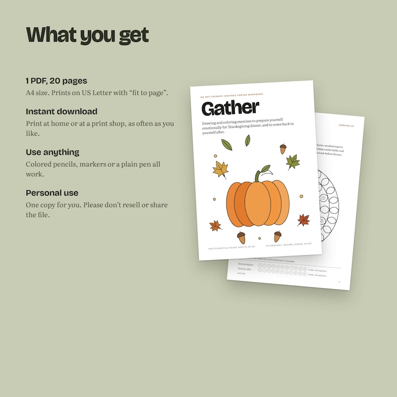 May include: A digital document titled Gather featuring a large orange pumpkin illustration surrounded by small autumn leaves and acorns. The text includes drawing and coloring exercises for Thanksgiving. The document is 20 pages in A4 size and is intended for personal use with colored pencils, markers, or pens.