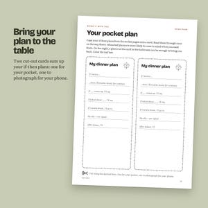May include: A white page titled Your pocket plan with two rectangular cut-out cards featuring black text and dashed borders. Each card includes sections for dinner plans, including prompts like If I notice, then I'll breathe slowly for a minute, and My ally + our signal, with a small leaf icon at the top right.