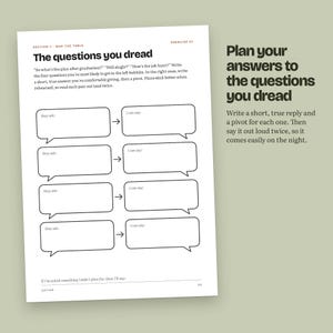 May include: A white worksheet page titled The questions you dread, featuring Exercise 07. It includes four rows of speech bubbles with arrows connecting them, labeled they ask and I can say, plus instructions to write replies and pivots for social events.
