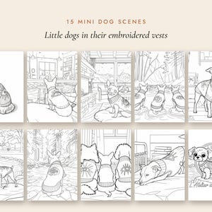 May include: A collection of 15 mini dog scenes featuring line art illustrations of small dogs wearing embroidered vests. The text 15 MINI DOG SCENES and Little dogs in their embroidered vests appears at the top, with L'Atelier du Petit Gilet below.
