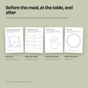 May include: Four white activity sheets titled Before the meal, at the table, and after. The pages feature black line drawings including a window, speech bubbles, a hand outline, and a circle, with text prompts for planning and emotional regulation.