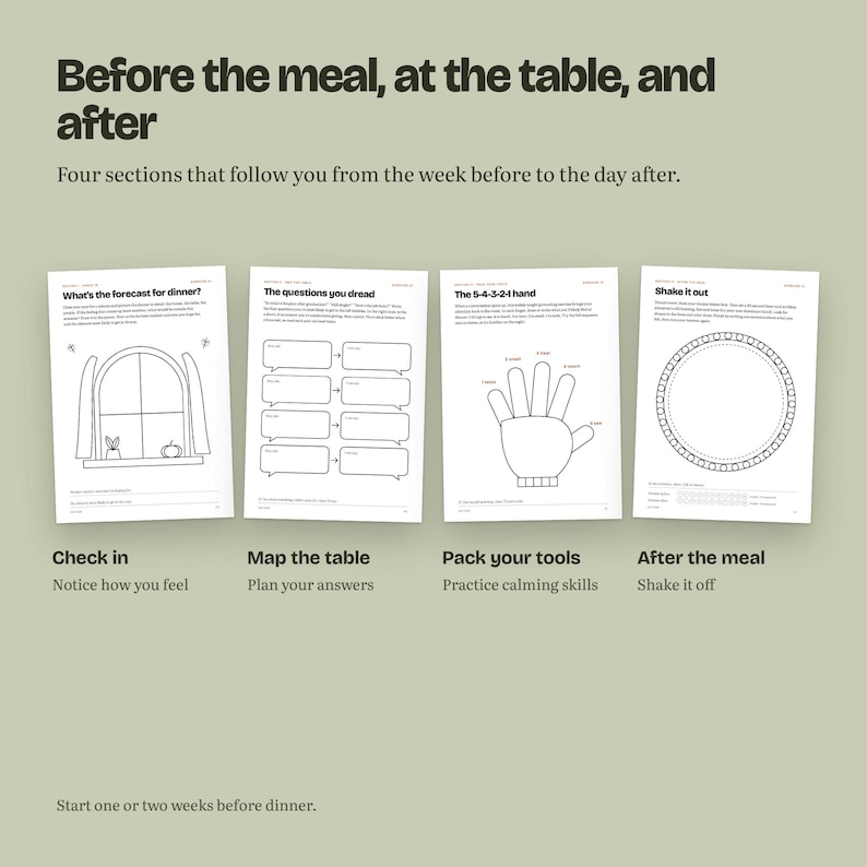 May include: Four white activity sheets titled Before the meal, at the table, and after. The pages feature black line drawings including a window, speech bubbles, a hand outline, and a circle, with text prompts for planning and emotional regulation.