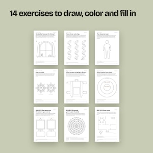 May include: A collection of 14 printable exercise sheets with the title 14 exercises to draw, color and fill in. Each white page features black line drawings, including a window, leaves, a human figure, tables, a suitcase, circles, and floor plans.