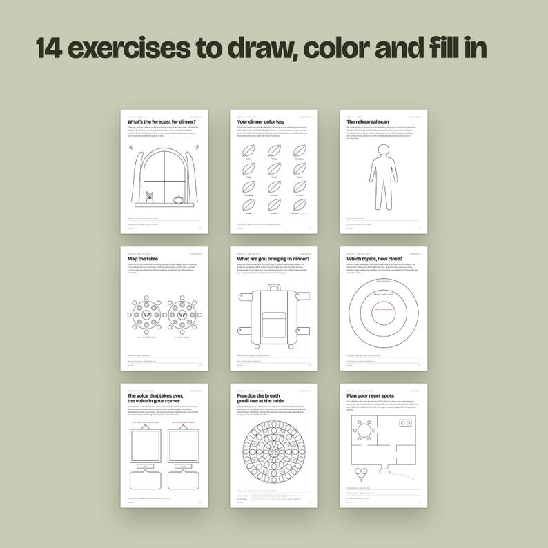 May include: A collection of 14 printable exercise sheets with the title 14 exercises to draw, color and fill in. Each white page features black line drawings, including a window, leaves, a human figure, tables, a suitcase, circles, and floor plans.
