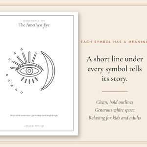 May include: A black and white coloring page titled The Amethyst Eye featuring a central eye symbol with eyelashes and a crescent moon. Text includes Coloring Page N 04, The eye and the crescent moon a gaze that keeps watch through the night.