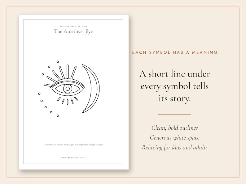 May include: A black and white coloring page titled The Amethyst Eye featuring a central eye symbol with eyelashes and a crescent moon. Text includes Coloring Page N 04, The eye and the crescent moon a gaze that keeps watch through the night.