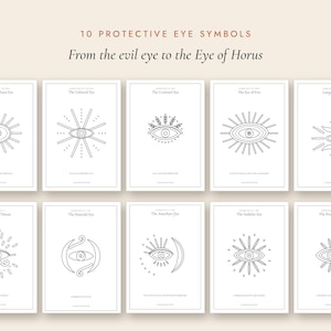 May include: A collection of 10 white rectangular prints featuring black line art of protective eye symbols. The header text reads 10 PROTECTIVE EYE SYMBOLS From the evil eye to the Eye of Horus. Each print displays a unique eye icon with a title.