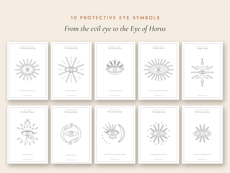 May include: A collection of 10 white rectangular prints featuring black line art of protective eye symbols. The header text reads 10 PROTECTIVE EYE SYMBOLS From the evil eye to the Eye of Horus. Each print displays a unique eye icon with a title.