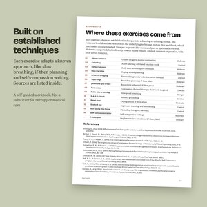 May include: A page from a workbook titled Where these exercises come from, featuring a numbered list of fourteen therapeutic techniques and their evidence levels, followed by a section of academic references in black text on a white background.