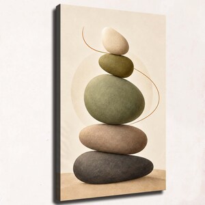 Zen-stenen balancerend canvas wanddecoratie, minimalistische print van gestapelde kiezels, rustgevende meditatieposter in aardetinten, spa-decoratie, kalme woonkamerkunst