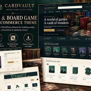 Può includere: Una visualizzazione digitale del tema WordPress Cardvault per giochi da tavolo e carte collezionabili. L'interfaccia presenta uno schema di colori scuri con accenti dorati, mostrando categorie di prodotti e una griglia di articoli.