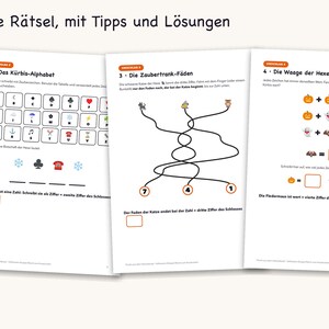 May include: Three white pages of a puzzle book titled Echte R&auml;tsel, mit Tipps und L&ouml;sungen. The pages feature activities including a pumpkin alphabet cipher, a maze with potion threads, and a math puzzle with pumpkins, ghosts, and bats.